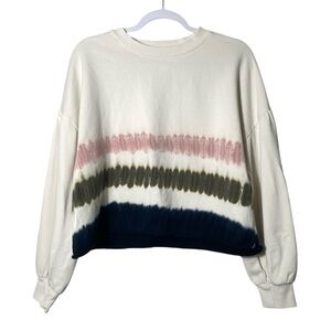Z Supply Cream Tie-Dye Stripe Cropped Sweatshirt with Pink, Olive & Navy